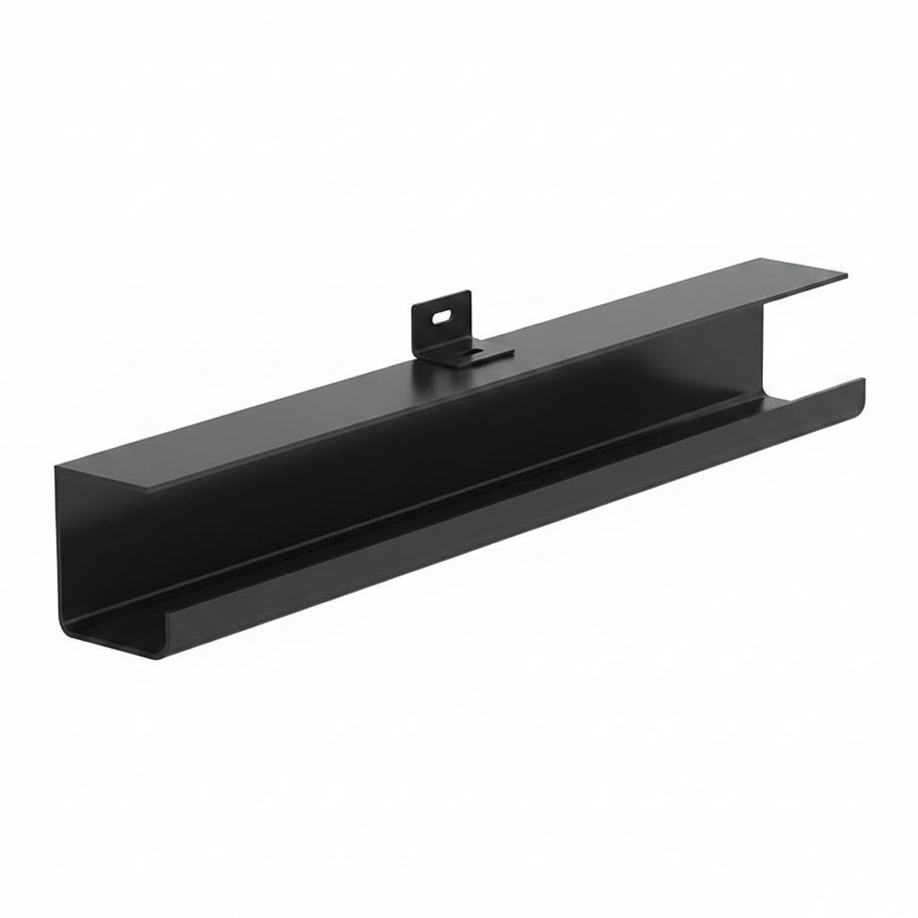 Black shelf with dimensions labeled on a white background