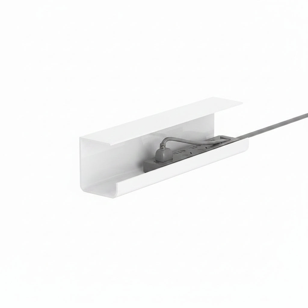 White under-table power strip with dimensions and self-adhesive feature on a white background