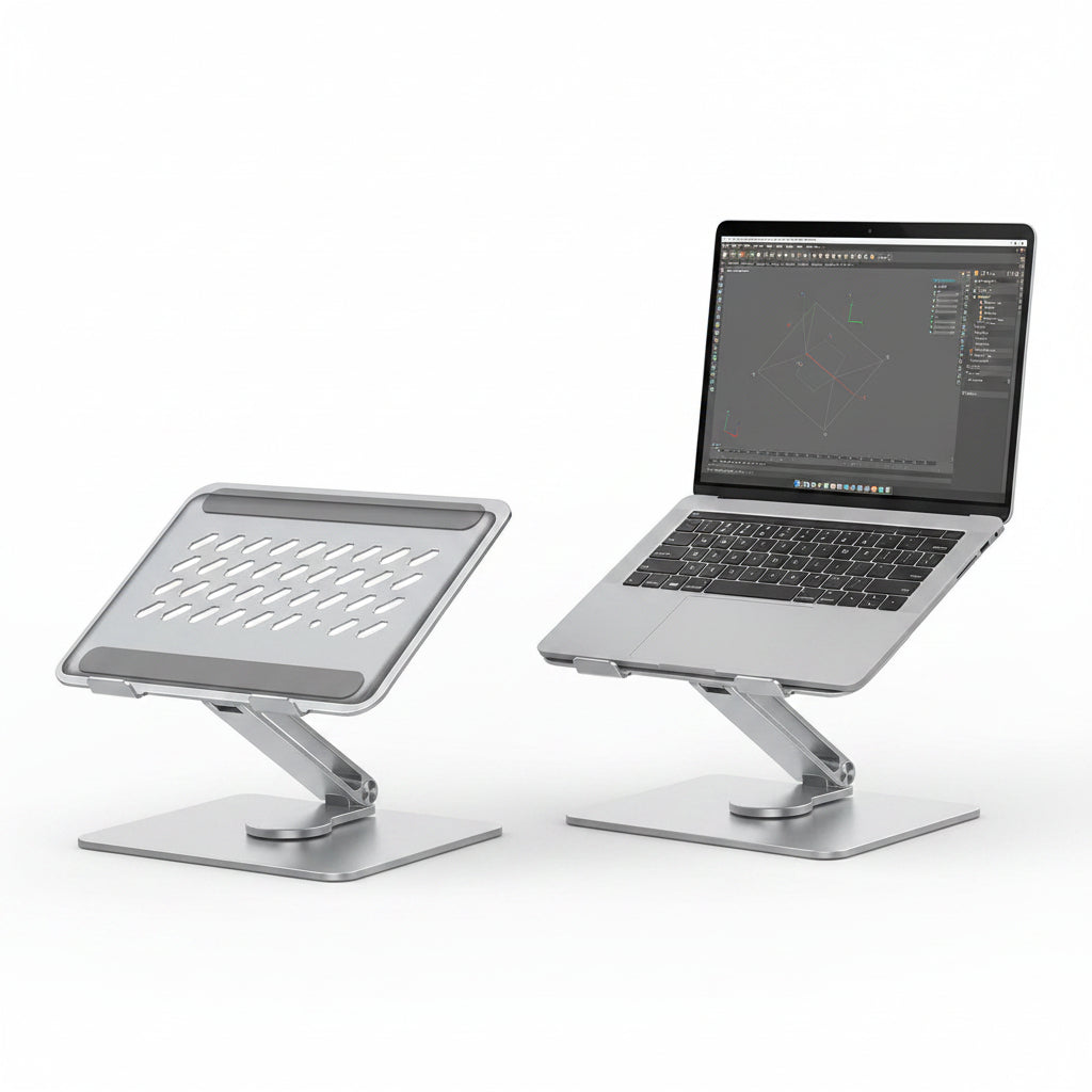 Laptop on a adjustable stand with a blurred indoor background