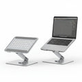 Laptop on a adjustable stand with a blurred indoor background