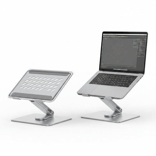 Laptop on a adjustable stand with a blurred indoor background