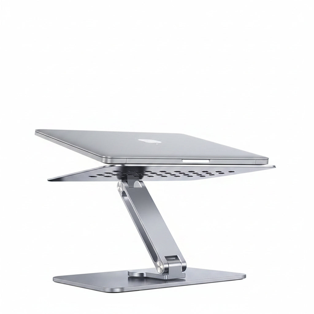 Metal desk stand supporting a stack of books with a weight indicator on a blurred background