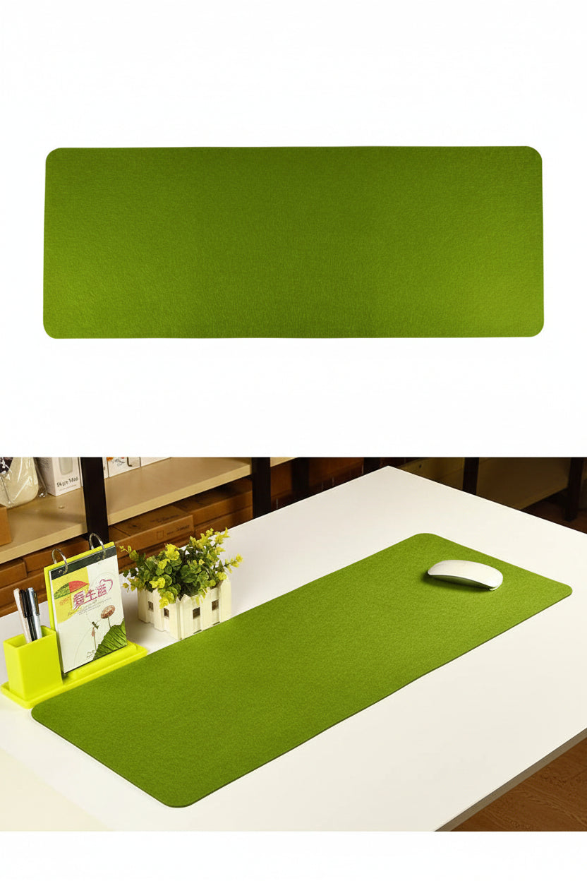 Light Green desk mat with white keyboard and mouse on a modern computer workstation