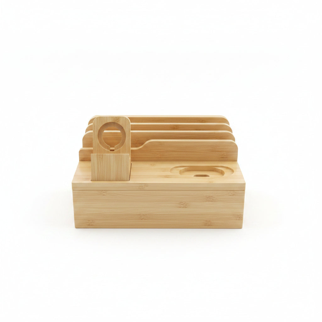 A light natural bamboo ring stand with a circular ring holder and a slot for a phone, placed on a blue and white checkered mat with a metal ruler in the foreground.