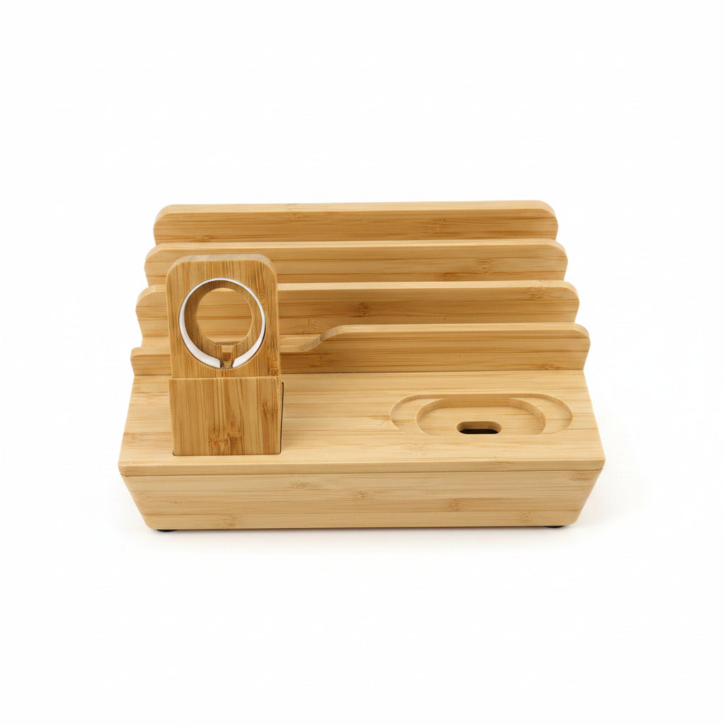 A light natural bamboo wooden organizer with multiple tiers and compartments, shown on a blue and white checkered mat with a cartoon character and a measuring ruler at the bottom.
