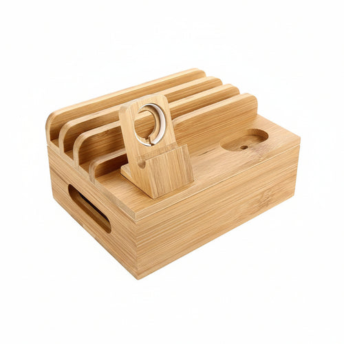 Wooden stand with dimensions labeled for iPad compatibility on a white background